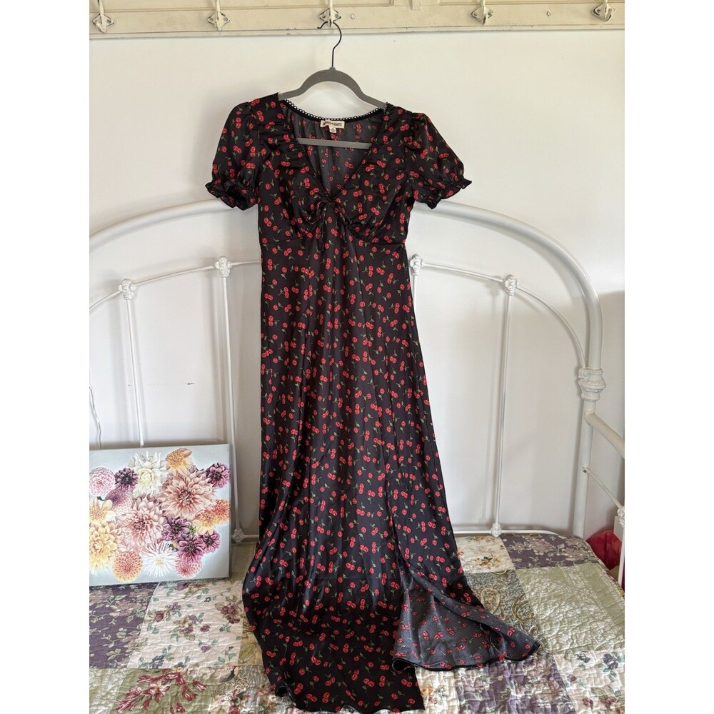 Long Black Cherry Dress Coquette girl Y2K Medium Silky Sexy Slit Babydoll Top